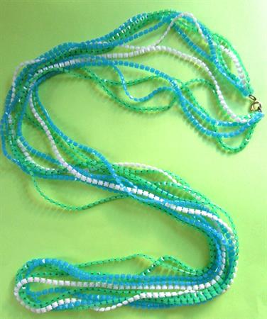 Mod 1960's Long Cube Necklace Blue Green White '60's Accessories Beads Vintage Costume Jewelry