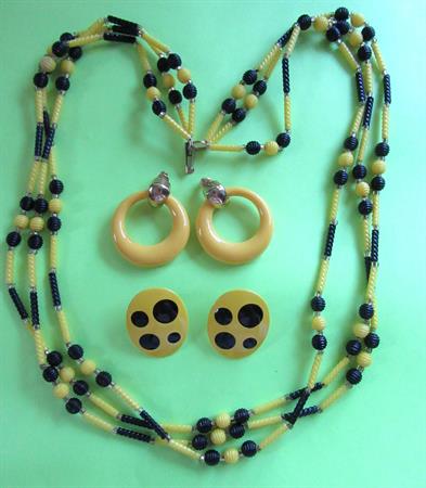 Vintage Black and Yellow Jewelry Lot Hong Kong Necklace Pierced Earrings Bumble Bee Costume Accessories