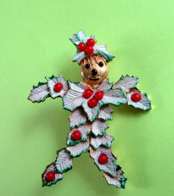 Vintage Anthropomorphic Holly  Pin Signed Beatrix Christmas 