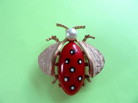 Cherry Red Bug Pin Brooch Lucite Insect Polka Dot  Vintage Costume Jewelry Figural