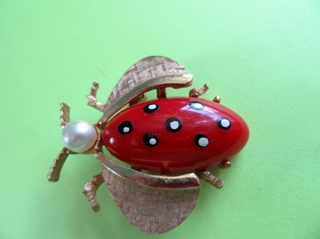 Vintage Red Lucite Bug Pin Insect Polka Dots Figural Jewelry