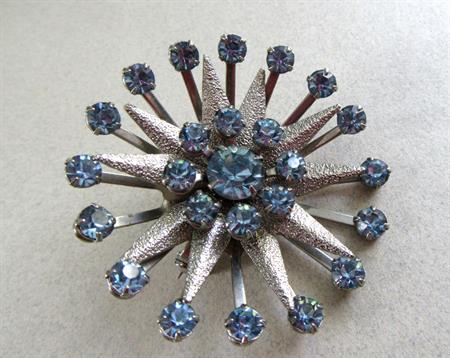 Atomic 1950's Blue Rhinestone Starburst Pin Vintage Costume Jewelry '50's Accessories