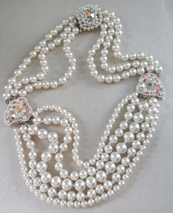 1950's Crystal Faux Pearl Necklace Japan Vintage Jewelry 