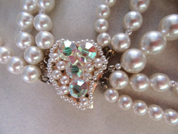 1950's Crystal Faux Pearl Necklace Japan Vintage Jewelry 