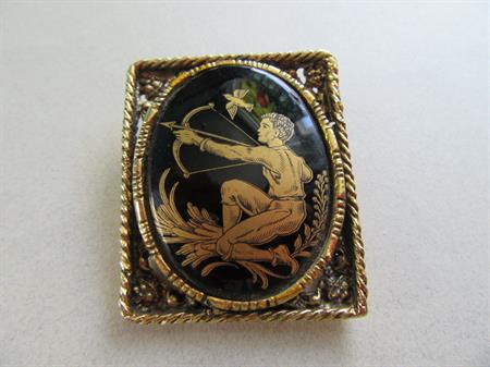 Archer Glass Transfer Pin Brooch Sagittarius Archery Bow and Arrow Vintage Costume Jewelry November December Birthday