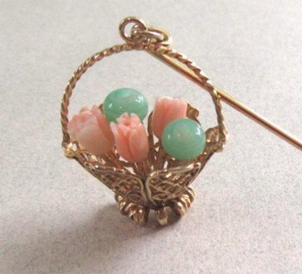 Genuine Coral and Jade Stick Pin Vintage Jewelry