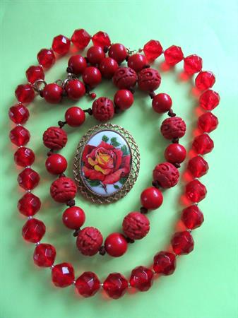 Cherry Red lucite and Faux Cinnabar Necklaces Rose Glass Transfer Pin Vintage Costume Jewelry