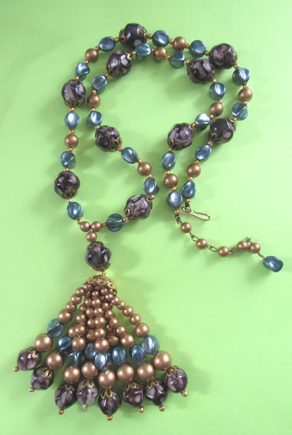 Vintage Tassel Necklace Blue Purple Gold 1960's Accessories