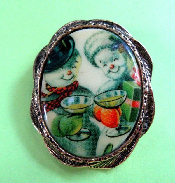 Anthropomorphic Snowman Cocktails Pin Vintage Christmas Jewelry