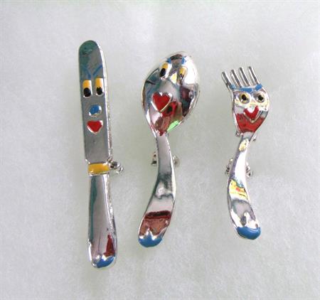 Anthropomorphic Pins Scatter Pin Set Spoon Knife Fork 1950's Silver Tone Vintage Costume Jewelry Figural