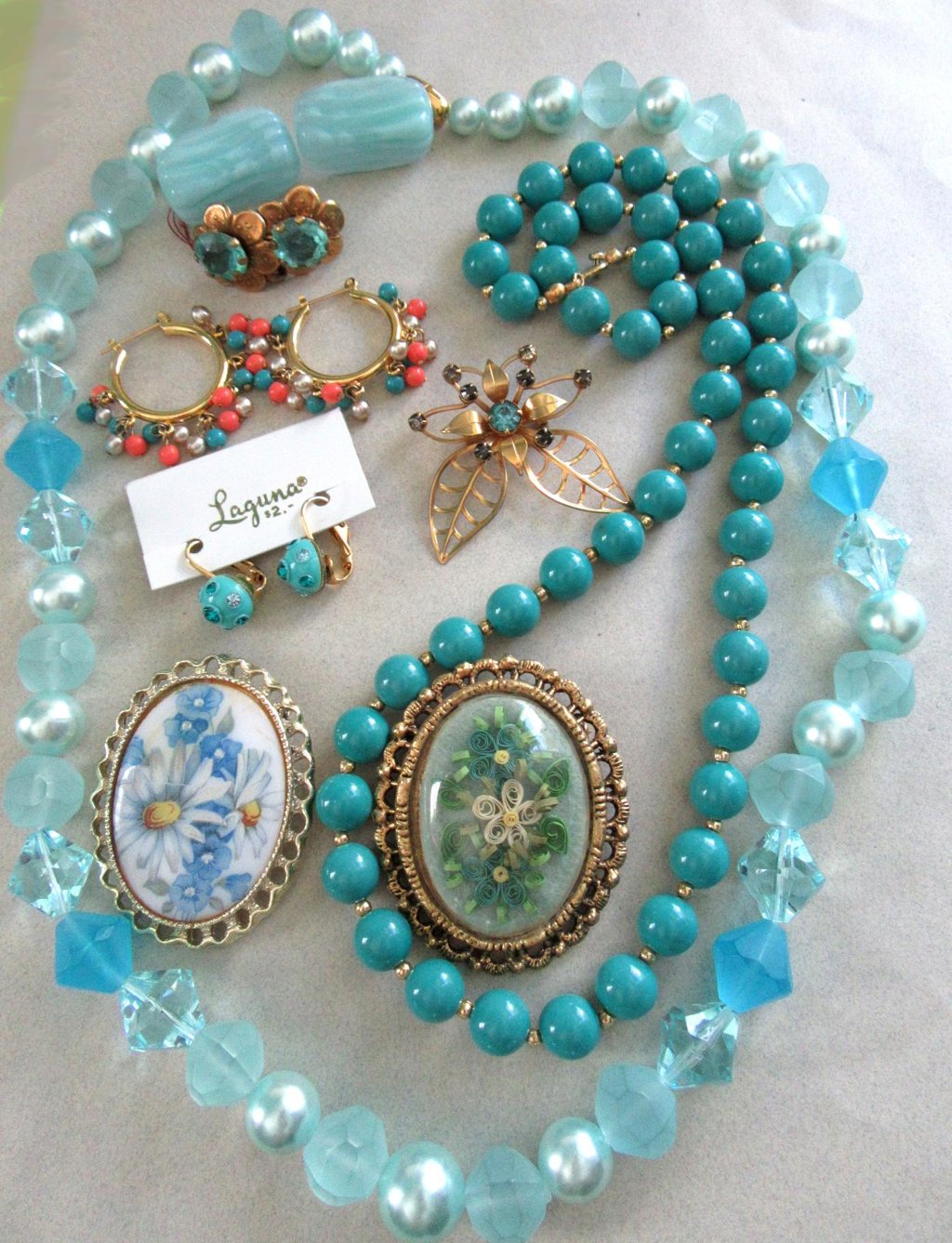 Vintage Blue Costume Jewelry Lot Necklaces Pins Earrings Laguna On Card