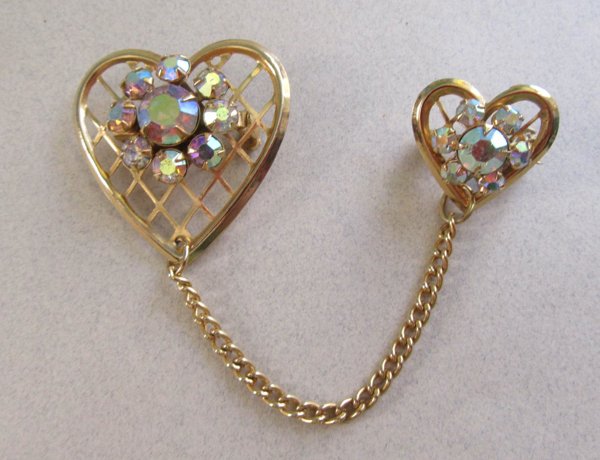 1950s Rhinestone Heart Chatelaine Pin Vintage Jewelry 