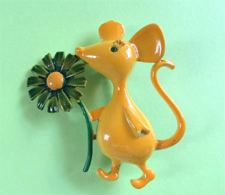 Anthropomorphic Pin Mod Yellow Mouse Holding Flower JJ Jonette Enameled Vintage Costume Jewelry Figural