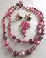 Vintage Art Glass Bead Choker Necklace Japan Raspberry Swirl Plus Earrings and Flower Pin Costume Jewelry Desatsh