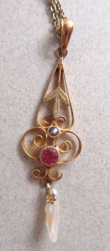 Art Nouveau 10k Gold Pendant Genuine Pearls 14K Gold Filled Chain Fine Jewelry