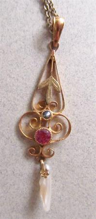 Art Nouveau 10k Gold Pendant Genuine Pearls 14K Gold Filled Chain Fine Jewelry