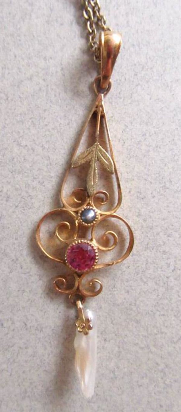 Art Nouveau 10k Gold Pendant Genuine Pearls 14K Gold Filled Chain Fine Jewelry