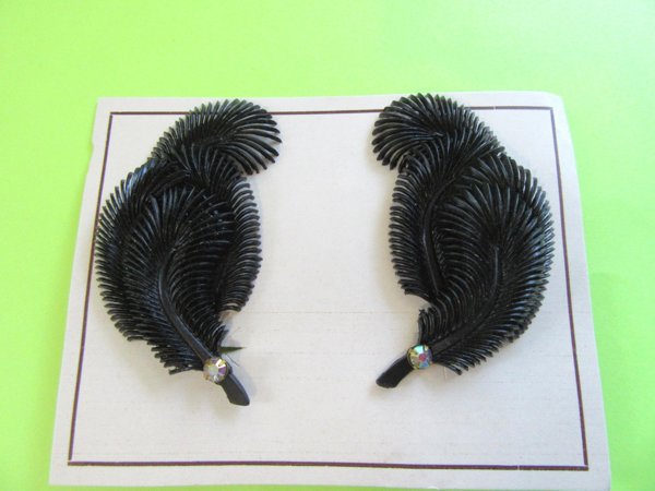1950's Black Feather Earrings Never Worn Vintage Jewelry