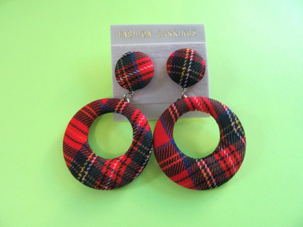 1980's Plaid Cloth Hoop Earrings Vintage Jewelry