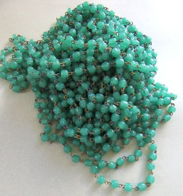 Vintage Green Glass Beaded Brass Chain Lot Jewelry Making Supplies