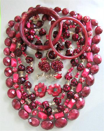 Vintage Cranberry Jewelry Lot Bangles Multi Strand Necklace Beads Earrings Costume Jewelry 1950's and Up