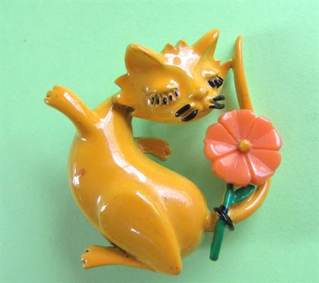 Anthropomorphic Pin Mod Cat with Flower Enameled Kitty Vintage Summer Spring Costume Jewelry Figural Cats