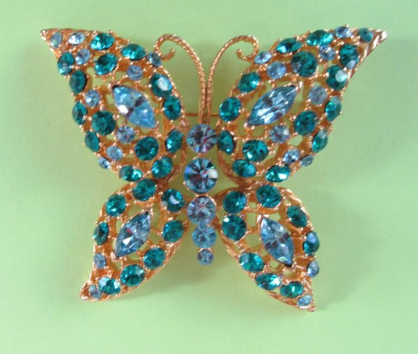 Blue Rhinestone Butterfly Pin M. Jent Signed Vintage Jewelry 