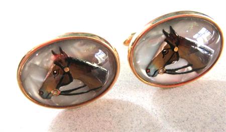 Vintage Krementz Essex Crystal ? Painted Horse Cufflinks Cuff Links Mother of Pearl  Equestrian Mens Jewelry Shirt Accessories