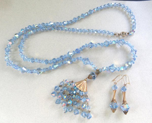 Blue Crystal Fringe Necklace Earrings Set Vintage Jewelry