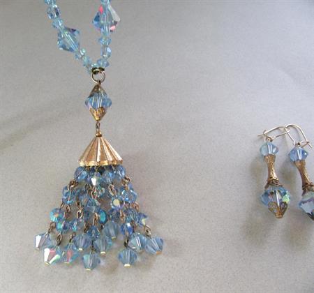 Blue Crystal Fringe Necklace Earrings Set Vintage Jewelry
