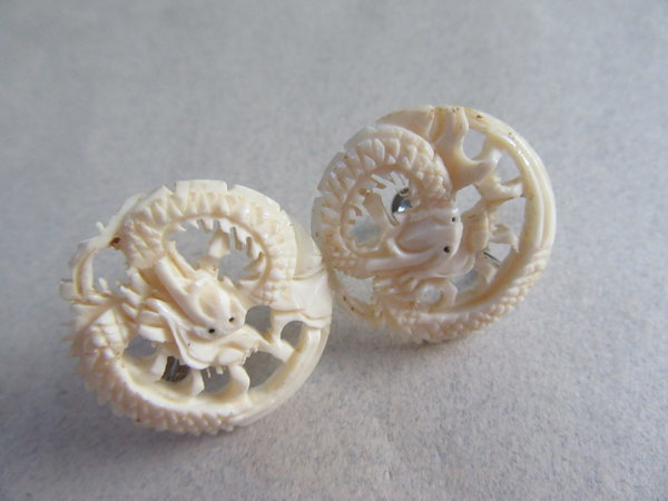 Vintage Bone Dragon Earrings Sterling  Backs 