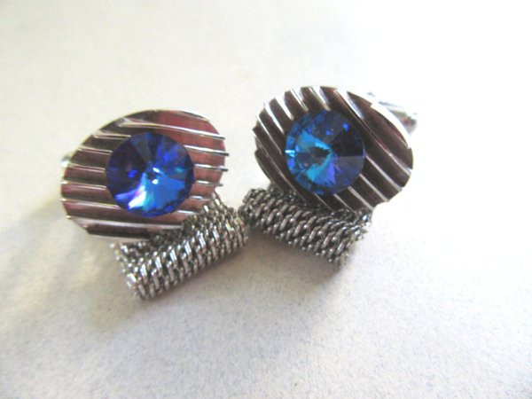 Vintage Blue Rivoli Crystal Wrap Cufflinks Mens Jewelry 1970's 