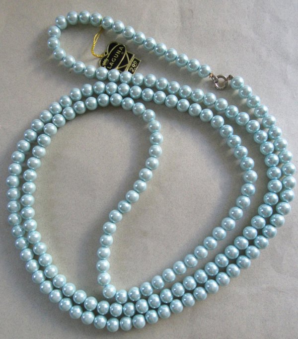 Vintage Laguna Long Blue Pearl Necklace Never Worn Signed Jewelry
