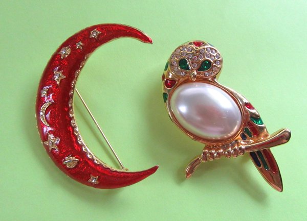Rhinestone Barn Owl Pin And Moon Vintage Jewelry 