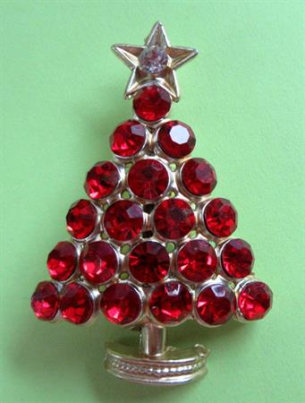 Red Rhinestone Christmas Tree Pin Holiday Costume Jewelry Figural