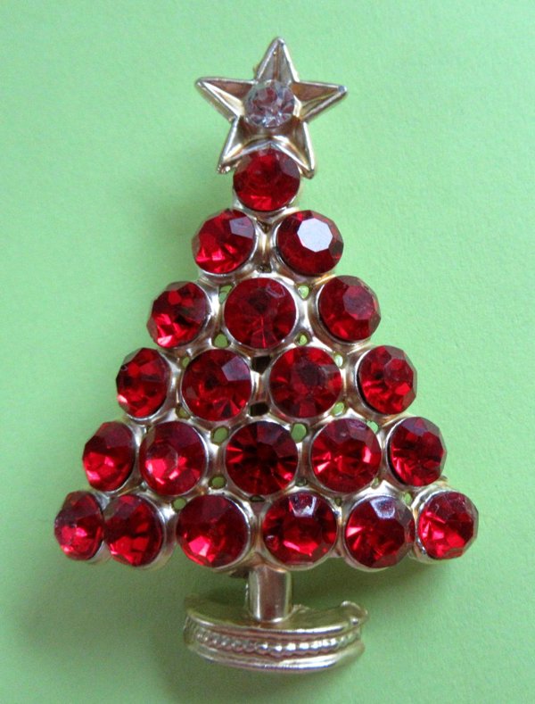Red Rhinestone Christmas Tree Pin Holiday Jewelry 