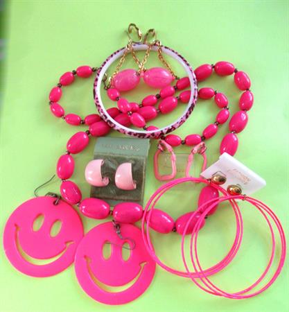 Pink Mod Costume Jewelry Lot 1960's and Up Smile Face Earrings '60's Costume Party Accessories