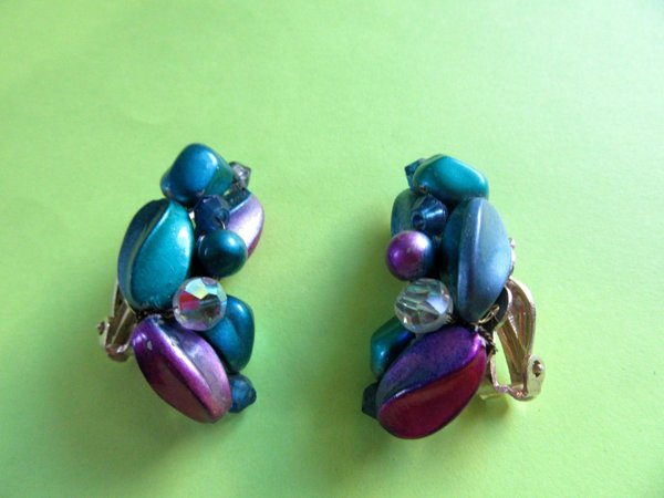 1950's Iridescent Blue Earrings Japan  Vintage Jewelry