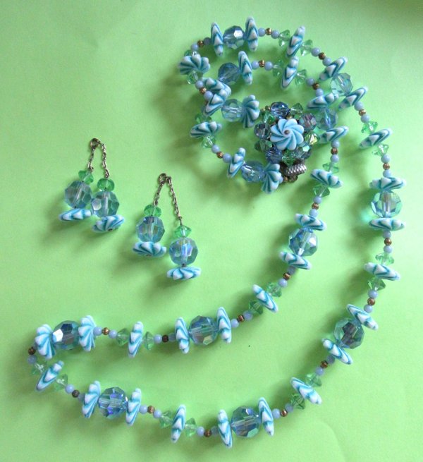 Vintage Blue Crystal Necklace Set 1950's Accessories 