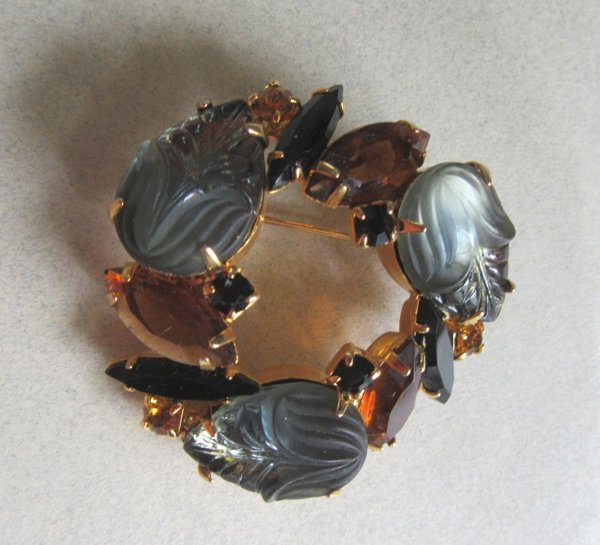 Rhinestone Pin Molded Leaves Vintage Jewelry 