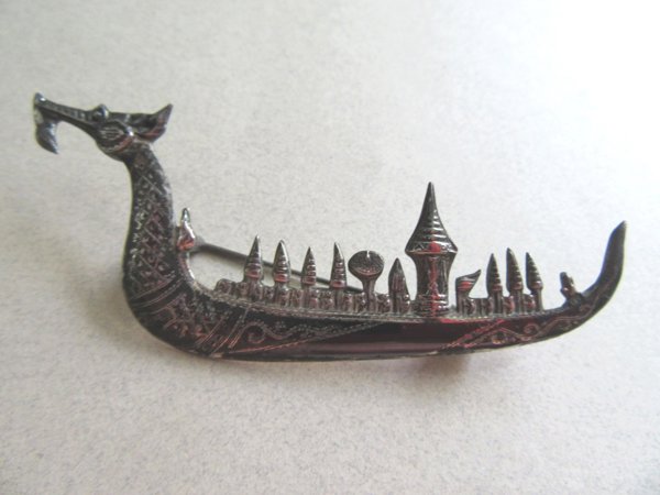 Vintage Sterling Silver Pin Siam Dragon Ship Niello Fine Jewelry