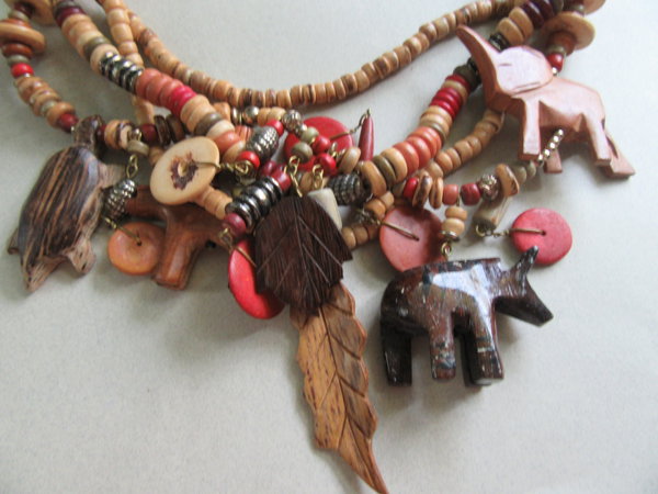 Wood Charms Necklace Vintage Jewelry