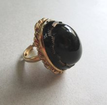 1970's Black Glass Ring Adjustable Renaissance Fair