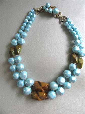 Bakelite and Blue Faux Pearl Multi Strand Unsigned Necklace Vintage Costume Jewelry