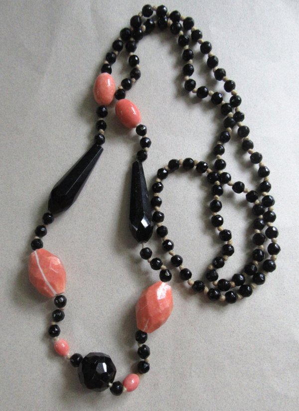 1920's Art Deco Glass Necklace Orange Black Vintage Jewelry