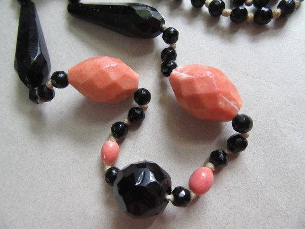 1920's Art Deco Glass Necklace Orange Black Vintage Jewelry