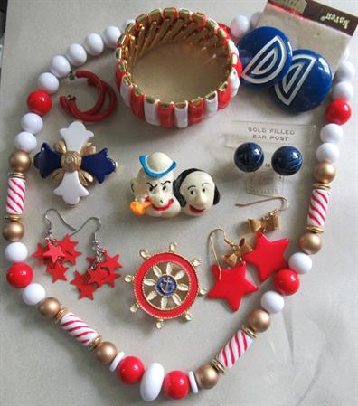 Vintage Costume Jewelry Lot Red White Blue Nautical Lisner Signed JJ Popeye Olive Oil  Ship Wheel