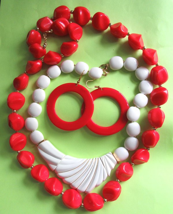 1980s Costume Jewelry Lot Necklaces Hoop Pierced Earrings Red and White '80's Party