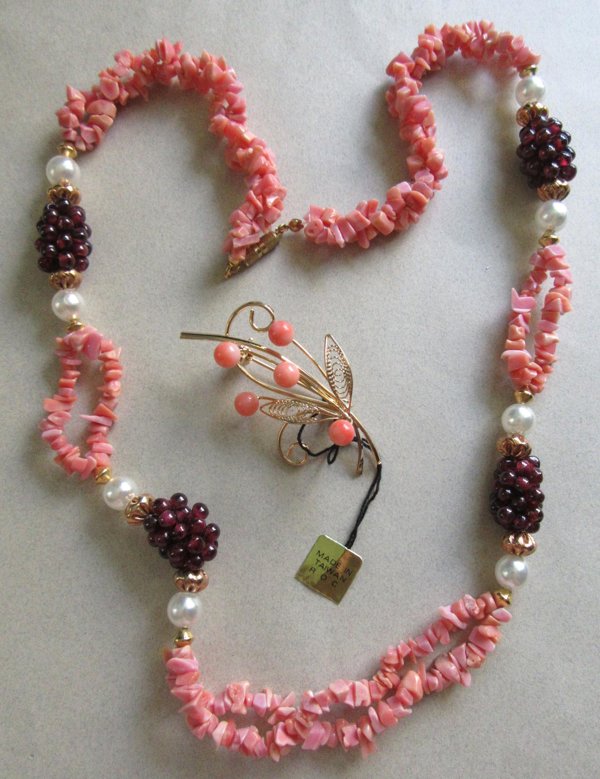 Genuine Coral Garnet Necklace and Pin  Vintage Jewelry