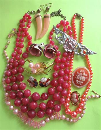 Vintage Costume Jewelry Lot  Pink Raspberry Necklace Orchid  Earrings Pins